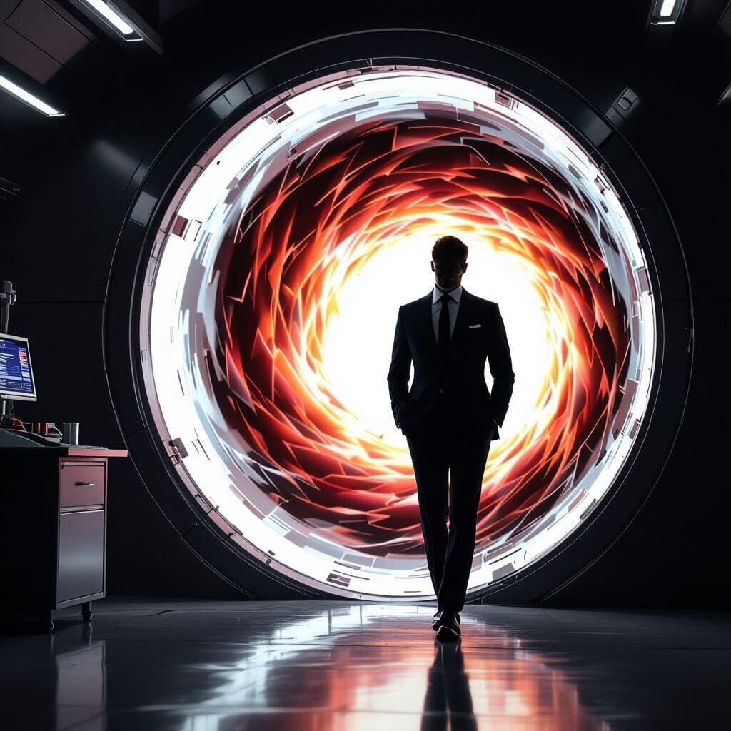 A black and white laboratory with a colored worm hole and a futuristic gentleman stepping out of it