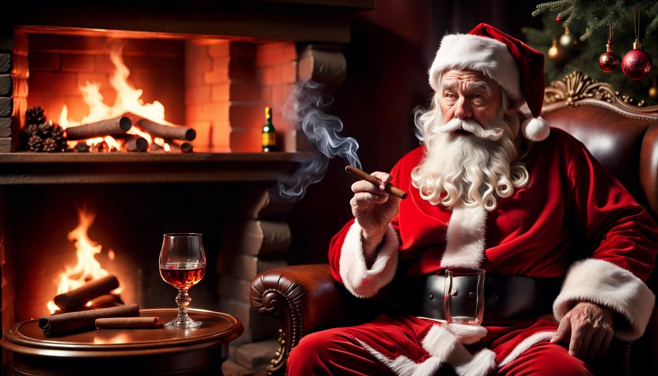 Santa sitting in front of the fireplace smoking a nice cigar  and having a tall glass of Scotch Whiskey ...  by @White Dragon