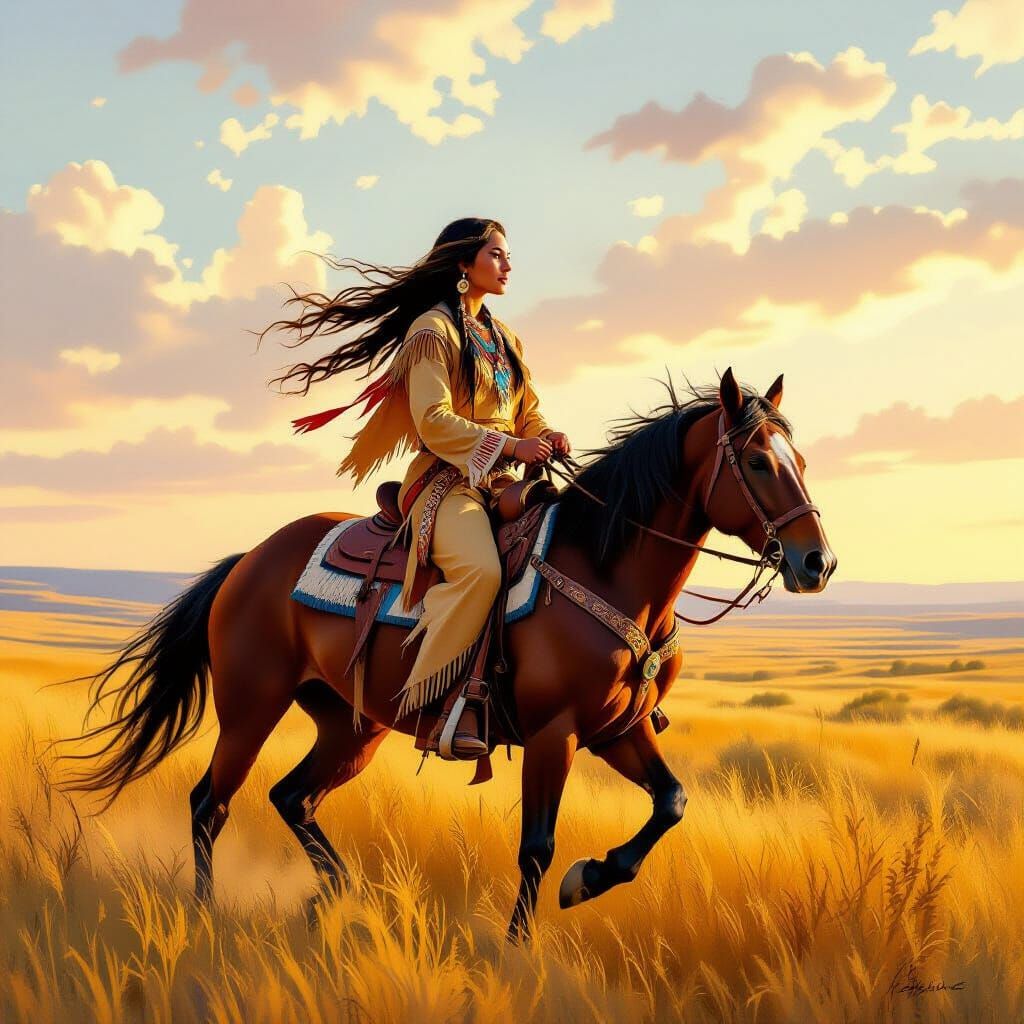 A proud Cherokee woman, with windswept dark hair and wearing traditional buckskin attire, rides a powerful ...  by @AliMar