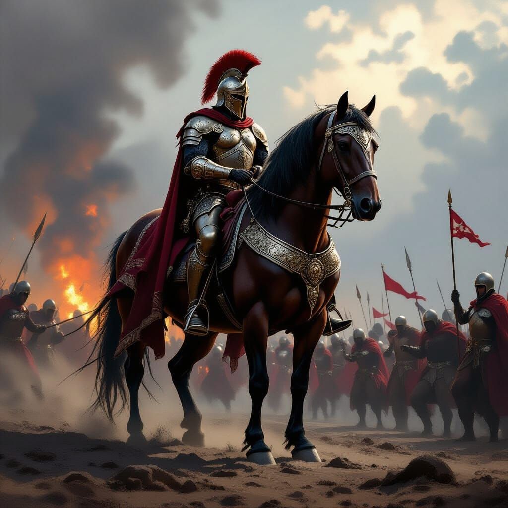 Epic Warhorse on Battlefield in Dramatic Light