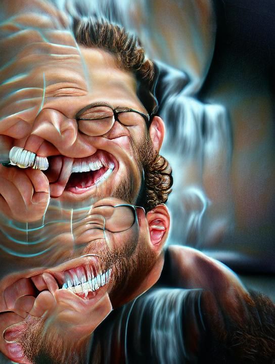 Seth Rogen laughing 8k resolution hyperrealism