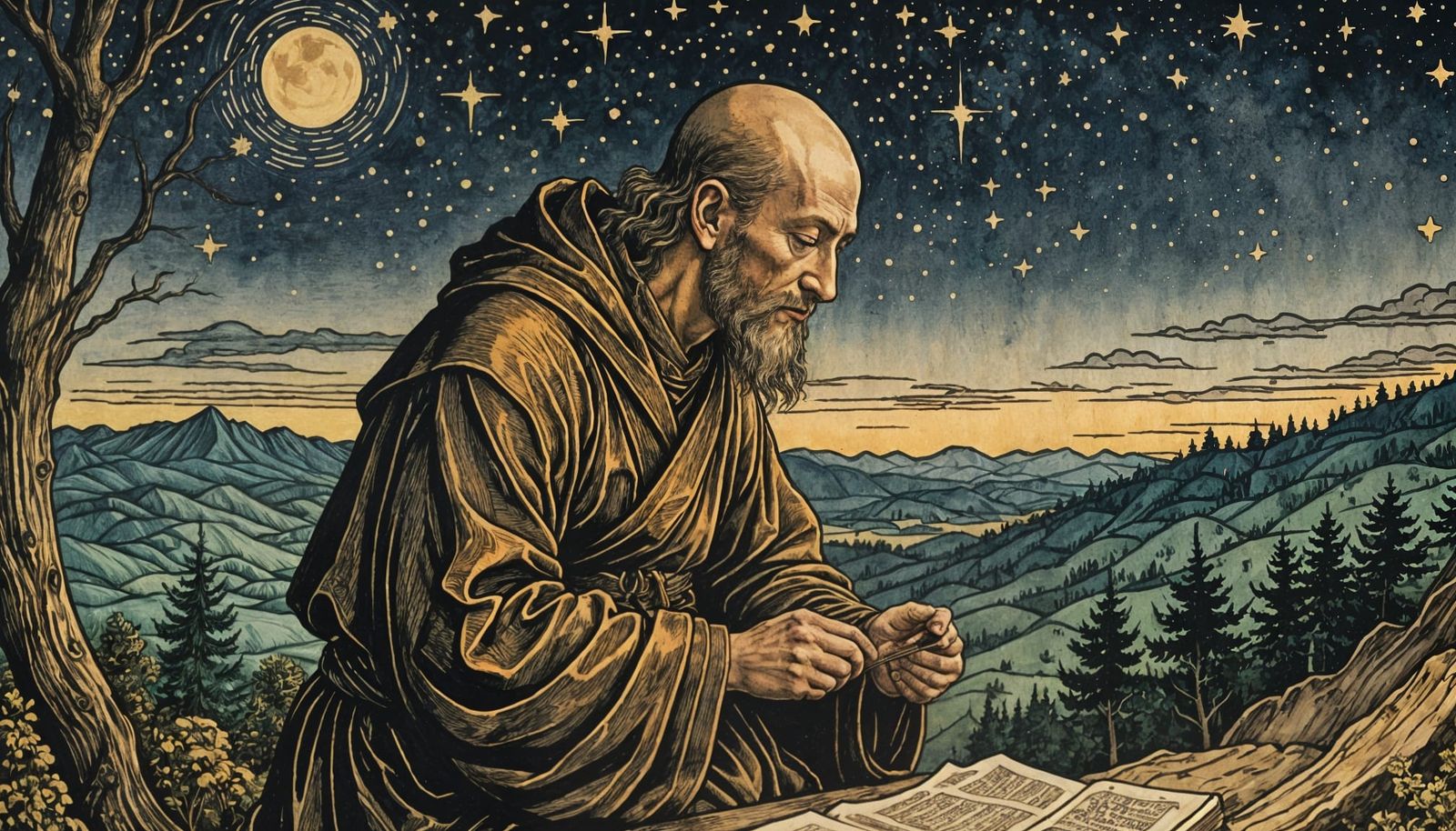 a monk studying a starry sky  by @LorenBecker