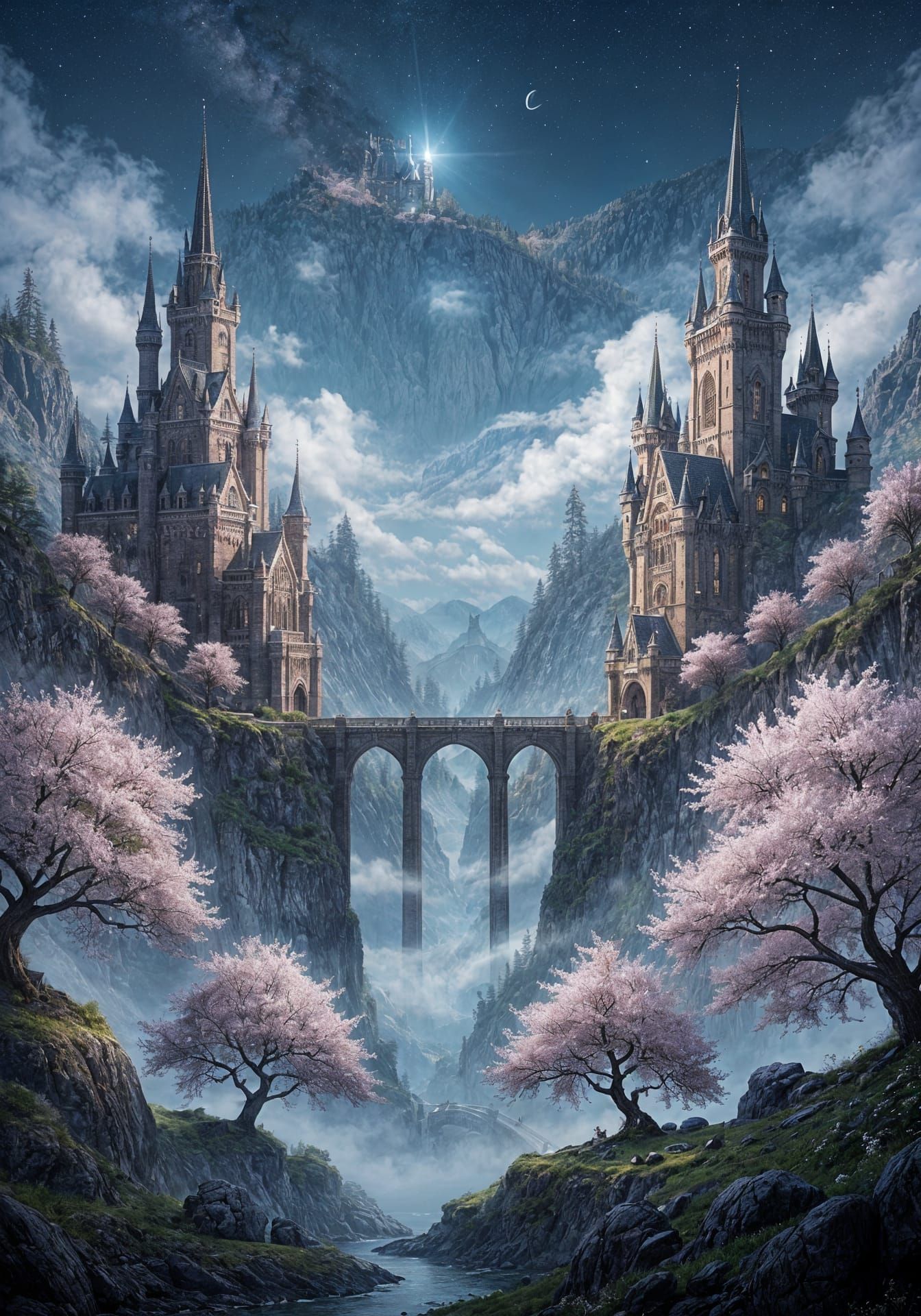 A dreamy fantasy landscape featuring two majestic Gothic castles on either side of a deep misty canyon, connected by an elegant arched stone...