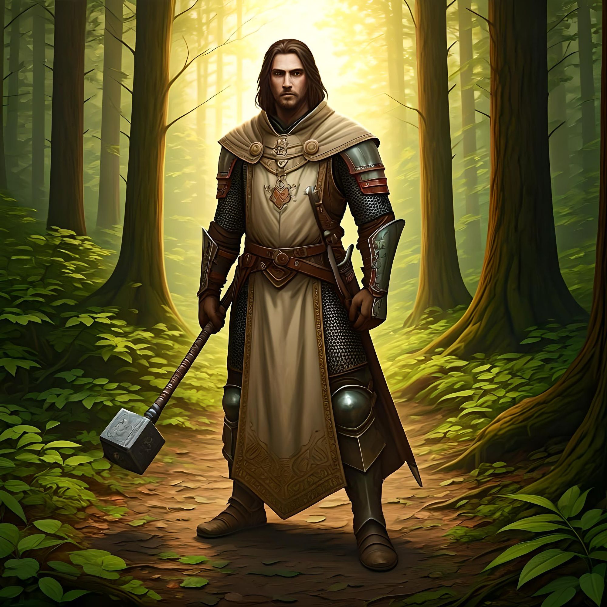 DnD fantasy style. A DnD fantasy-style human cleric stands in a lush, magical forest, his scale mail armor glinting beneath a flowing beige...