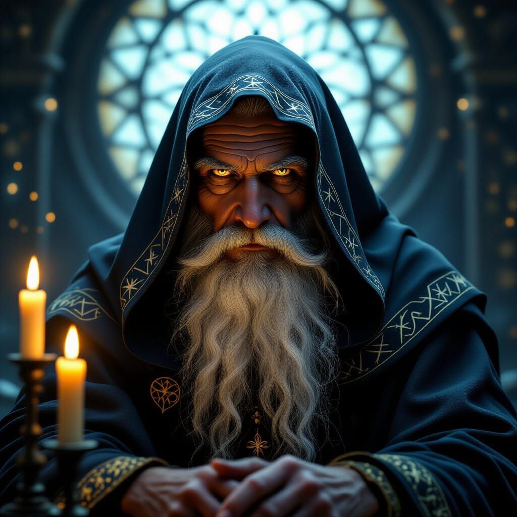 Old male oracle with a wise, mystical face, long white beard, deep eyes, wearing a dark cloak with celestial symbols, sitting in candlelight...