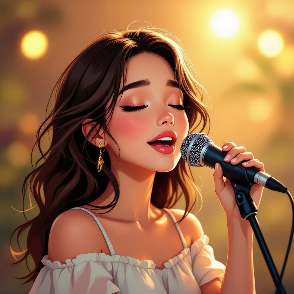Beautiful Girl Sings Passionately in Warm Golden Hour Light