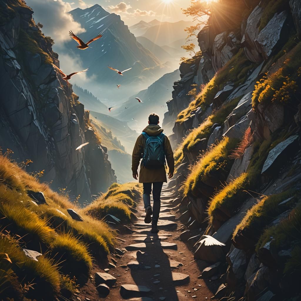 Dreamlike Mountain Path with Birds in Double Exposure