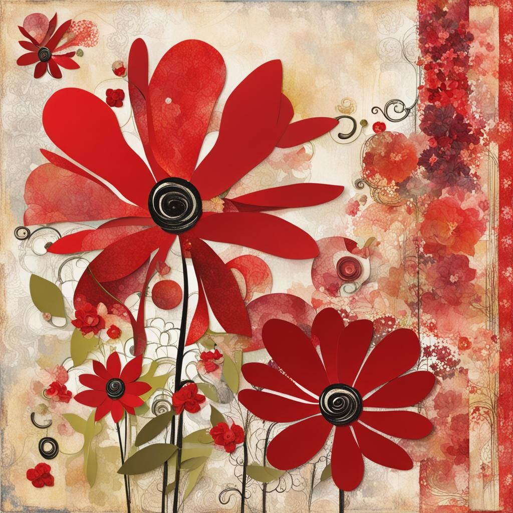 red, flowers, lyrical abstraction, scrapbooking, bedroom