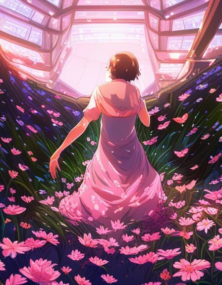 A beautiful goddess surrounded by butterflies, neon skylight...