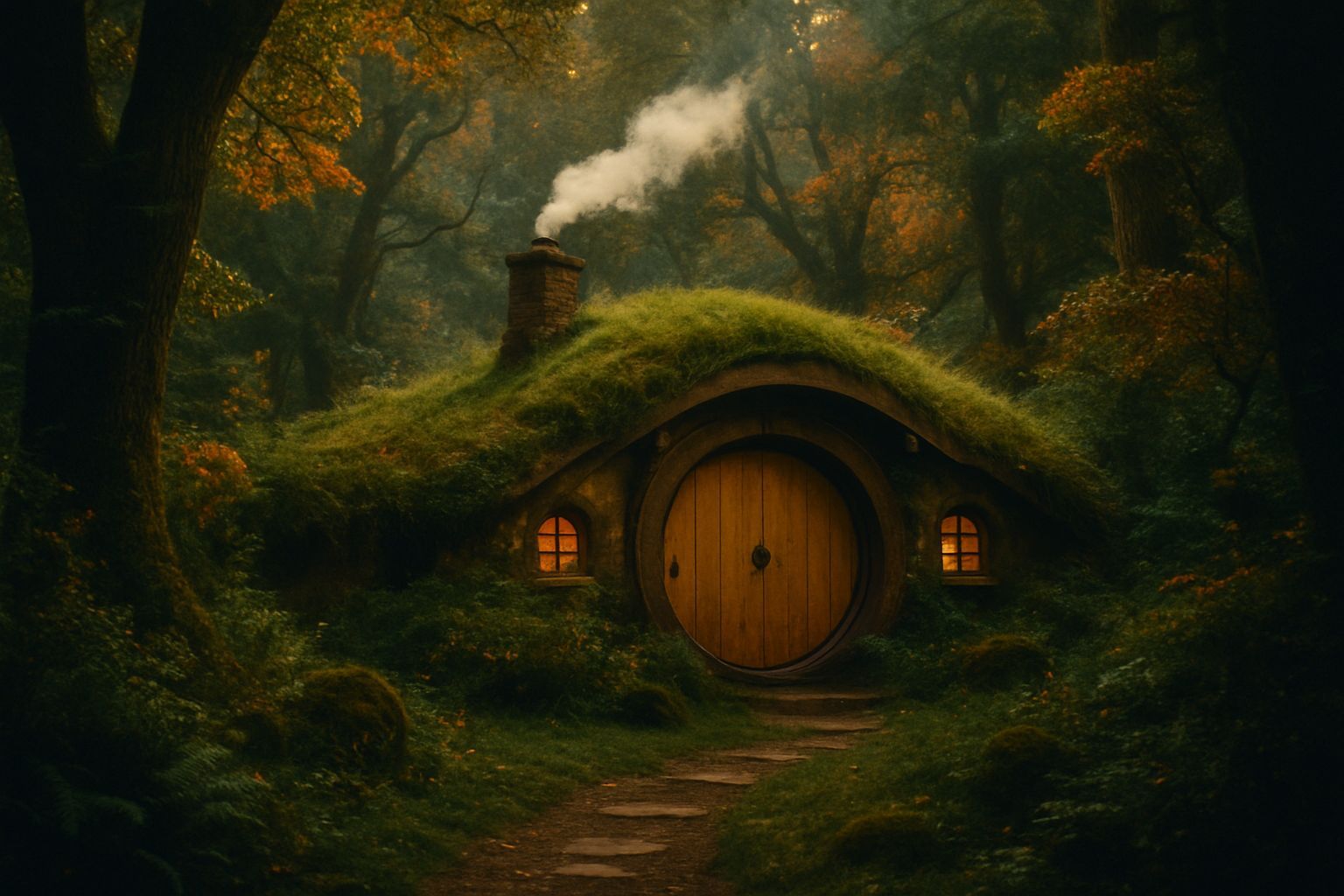 A cozy hobbit hole with a chimney puffing out smoke, nestled in a vibrant, enchanted forest.