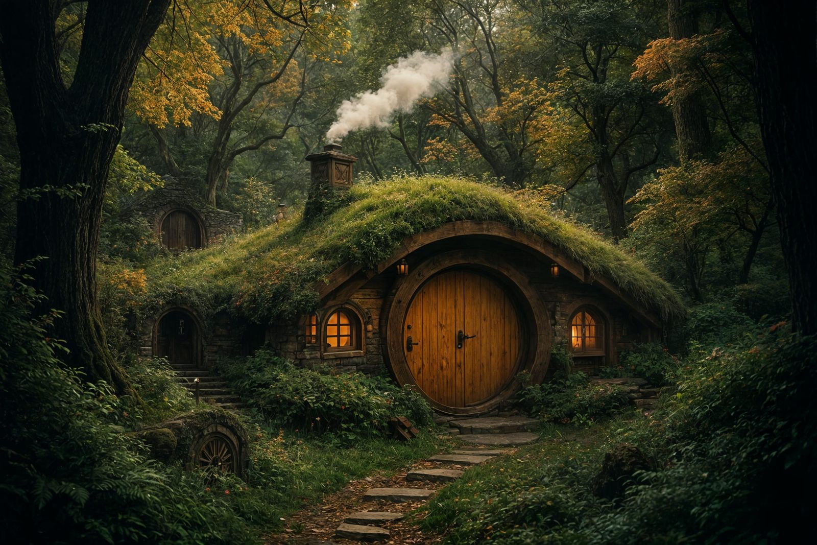 A cozy hobbit hole with a chimney puffing out smoke, nestled in a vibrant, enchanted forest.  by @Valmont