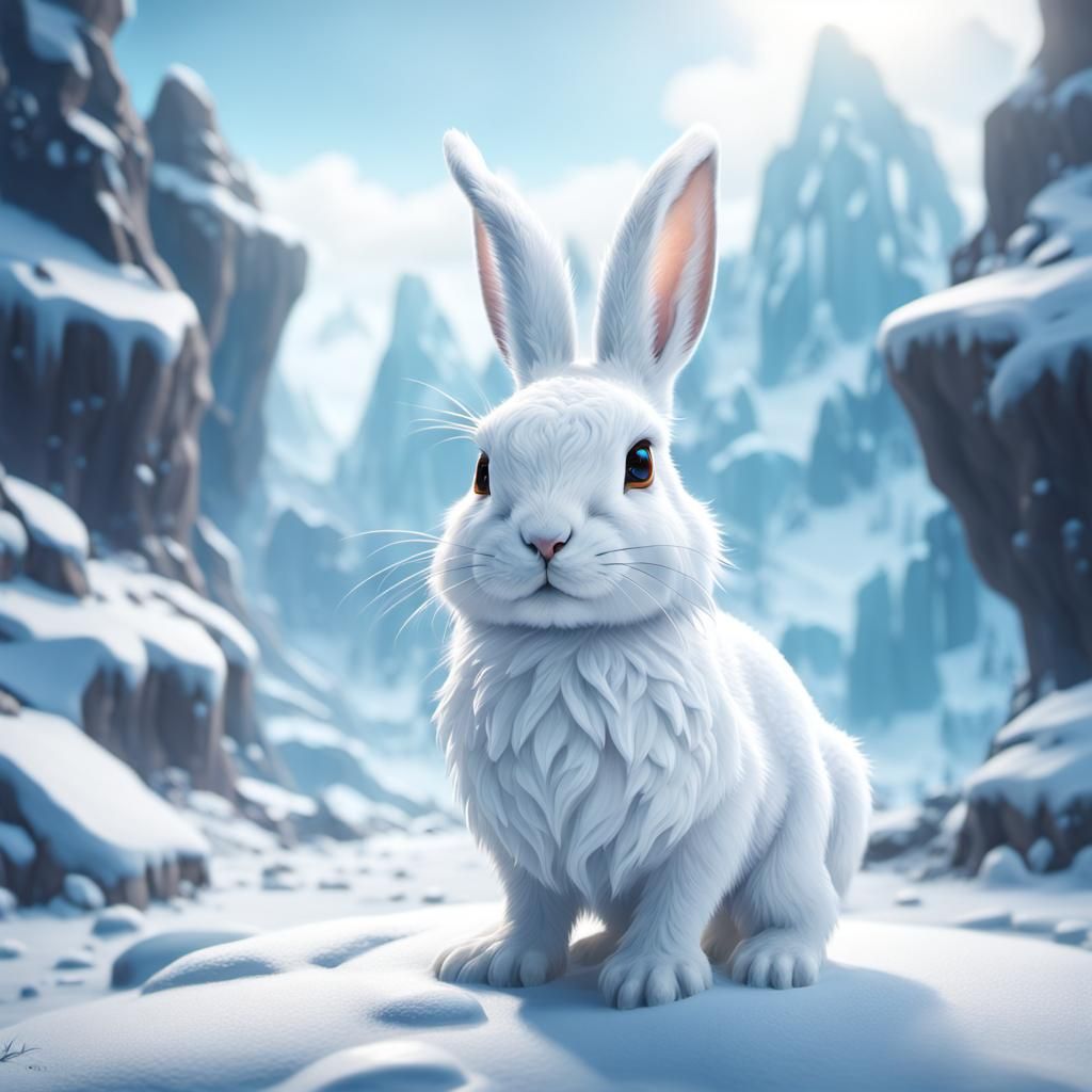 cute white baby snow rabbit in a beautiful ice landscape