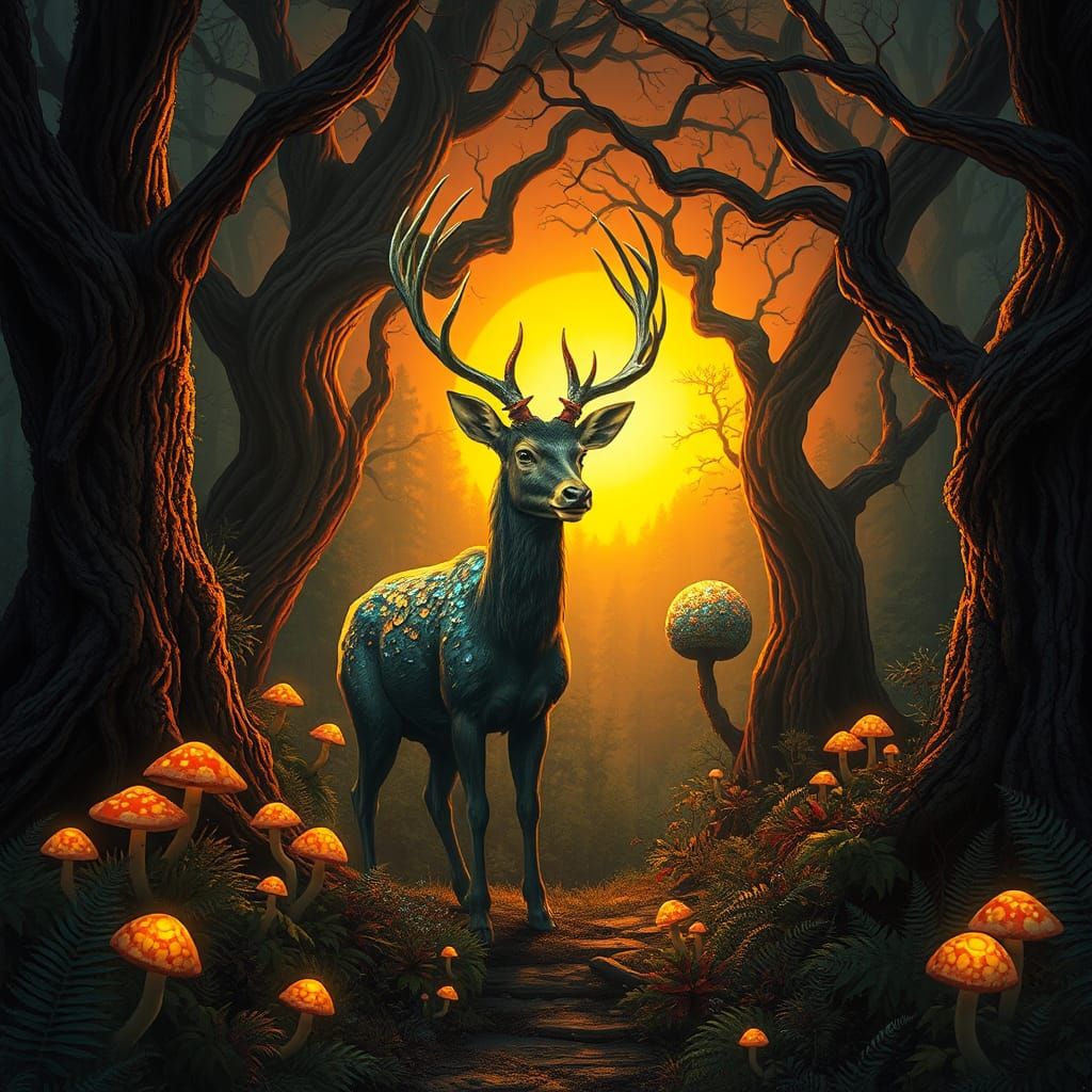 Mystical Forest Scene with Ethereal Deer