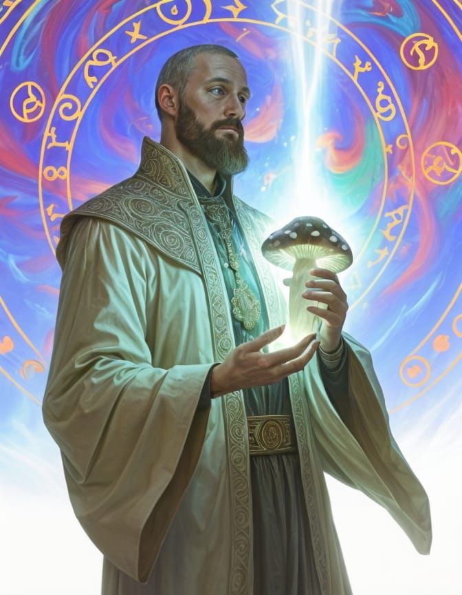 Esoteric Mushroom Man in Cosmic Light