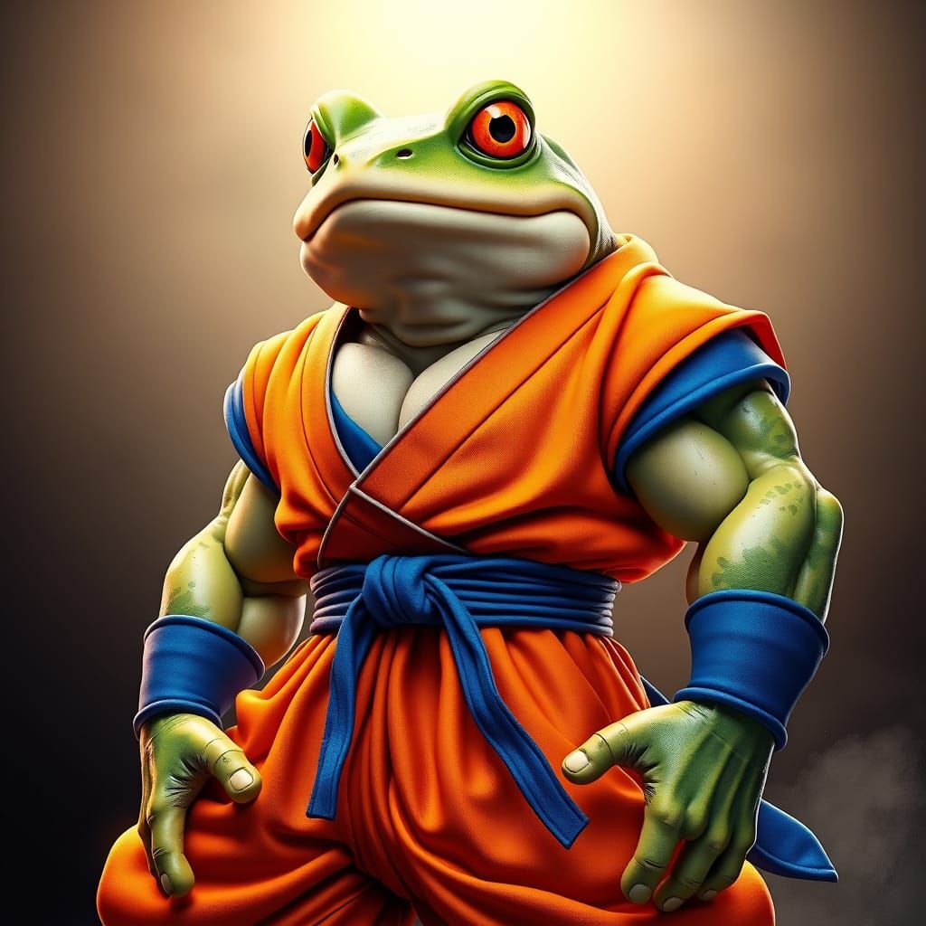 A buff humanoid frog character, body rippling with defined muscles, standing strong in Goku’s iconic orange gi with the blue undershirt and ...