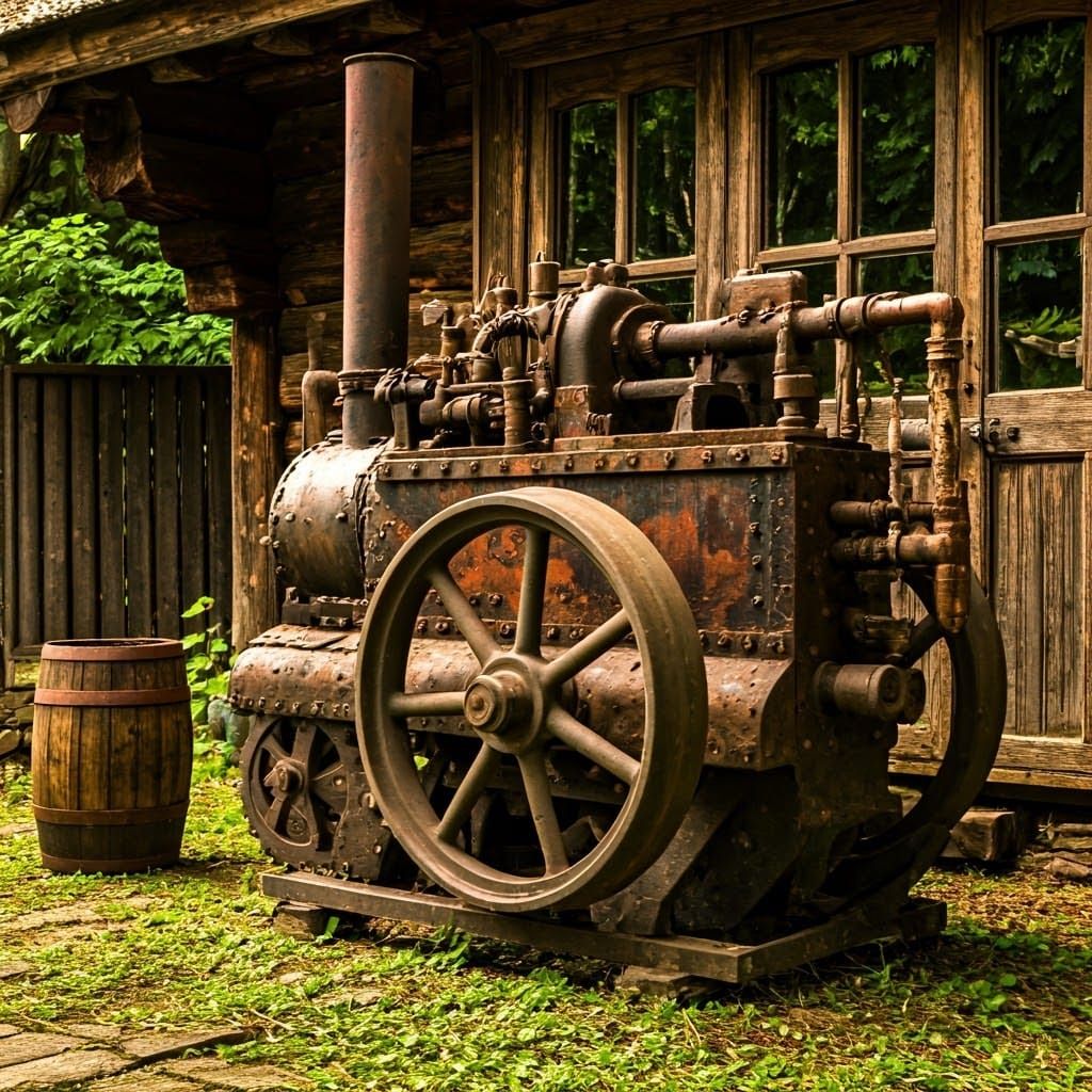 Detailed Steampunk Engine in Rustic Woodland Scene
