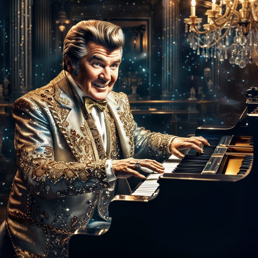 Liberace In famous sparkling costume while playing the keys: intricate ...