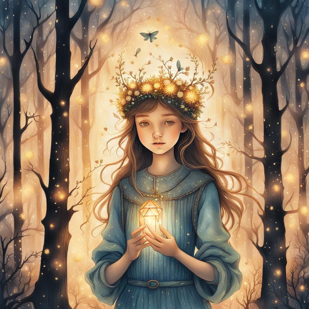 Enchanting Forest Girl with Crystal: Rackham-Inspired Fantas...