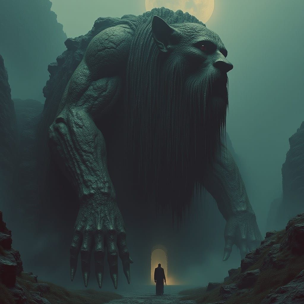 <lora:Sentinels:1.0> eerie rock formation, king carved out of rock, night flat, color graded light dust maximalist hyperexpansive detailed...