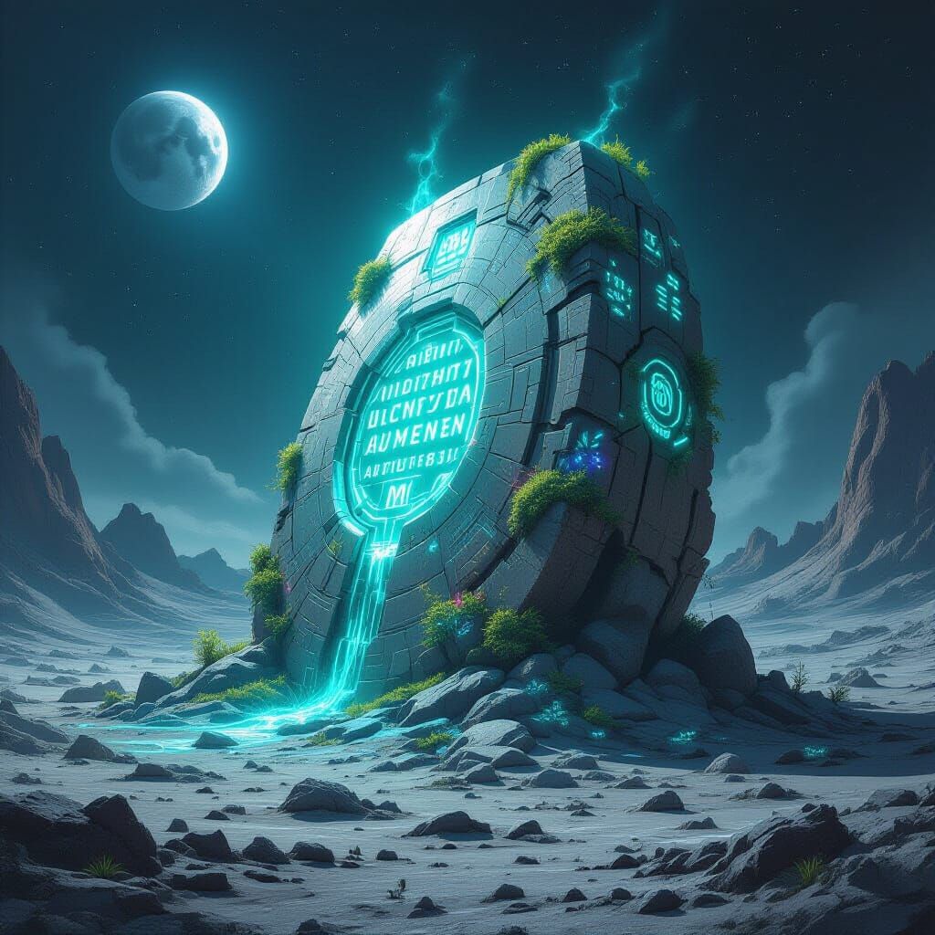 A colossal, ancient alien artifact, covered in glowing glyphs and overgrown with bioluminescent flora, rests in the center of a crater on a ...