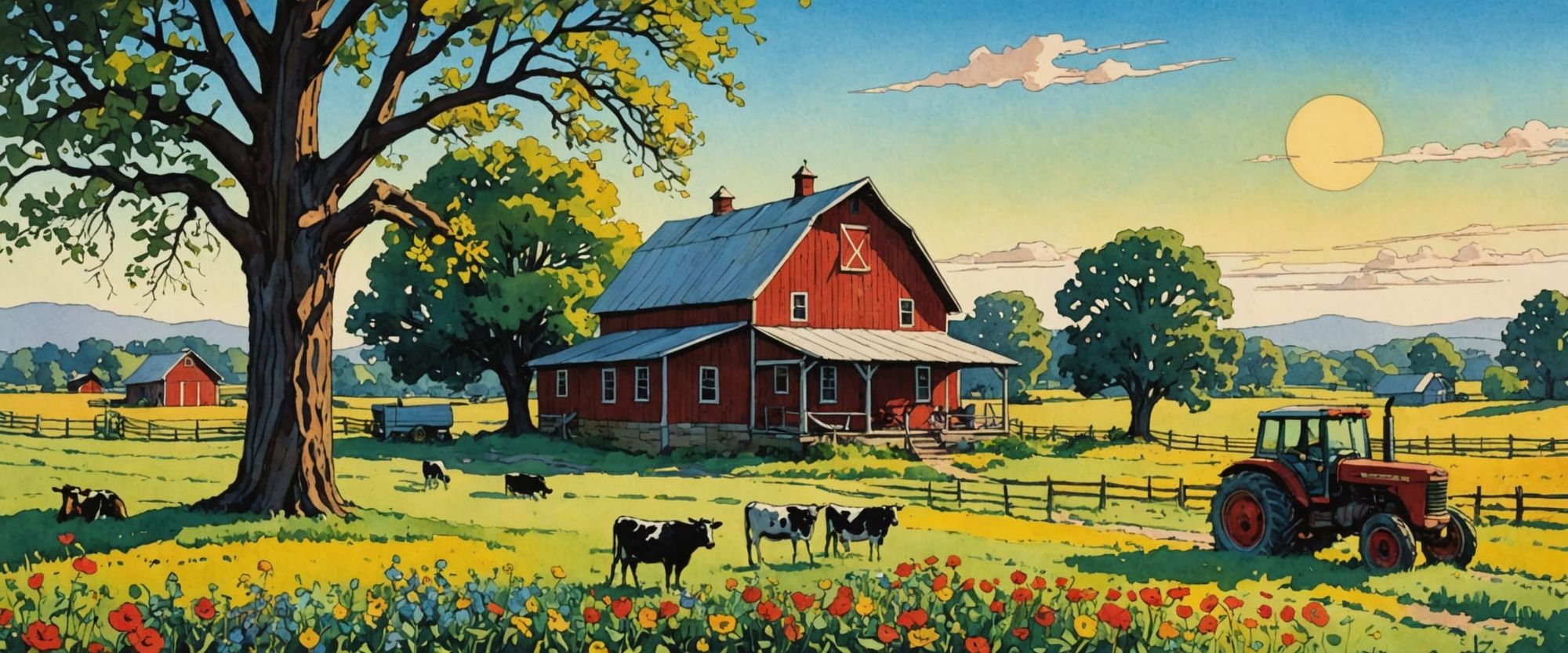 farmers house, red barn, flowers, trees in the background, cows, horses, tractor, ropeswing from a tree, wet dirt roads, watercolor, gouache...