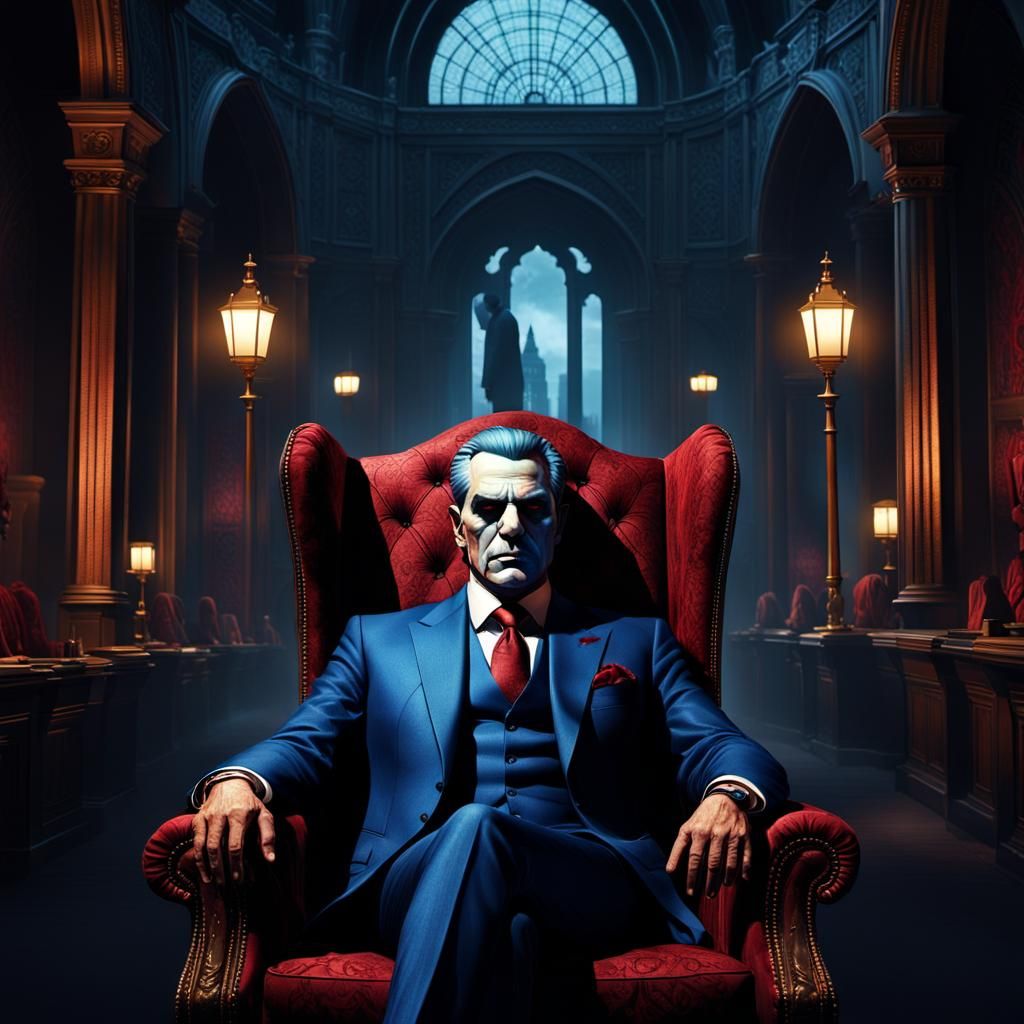 A regal mafia boss sits on a customized chair, wearing a tailored three-piece suit with a crisp white dress shirt and black tie. His express...
