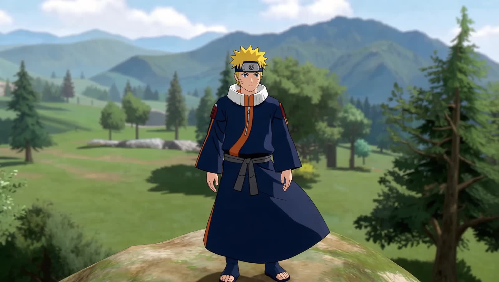 digital 3d anime, Naruto standing in hill, camera rotates around the subject