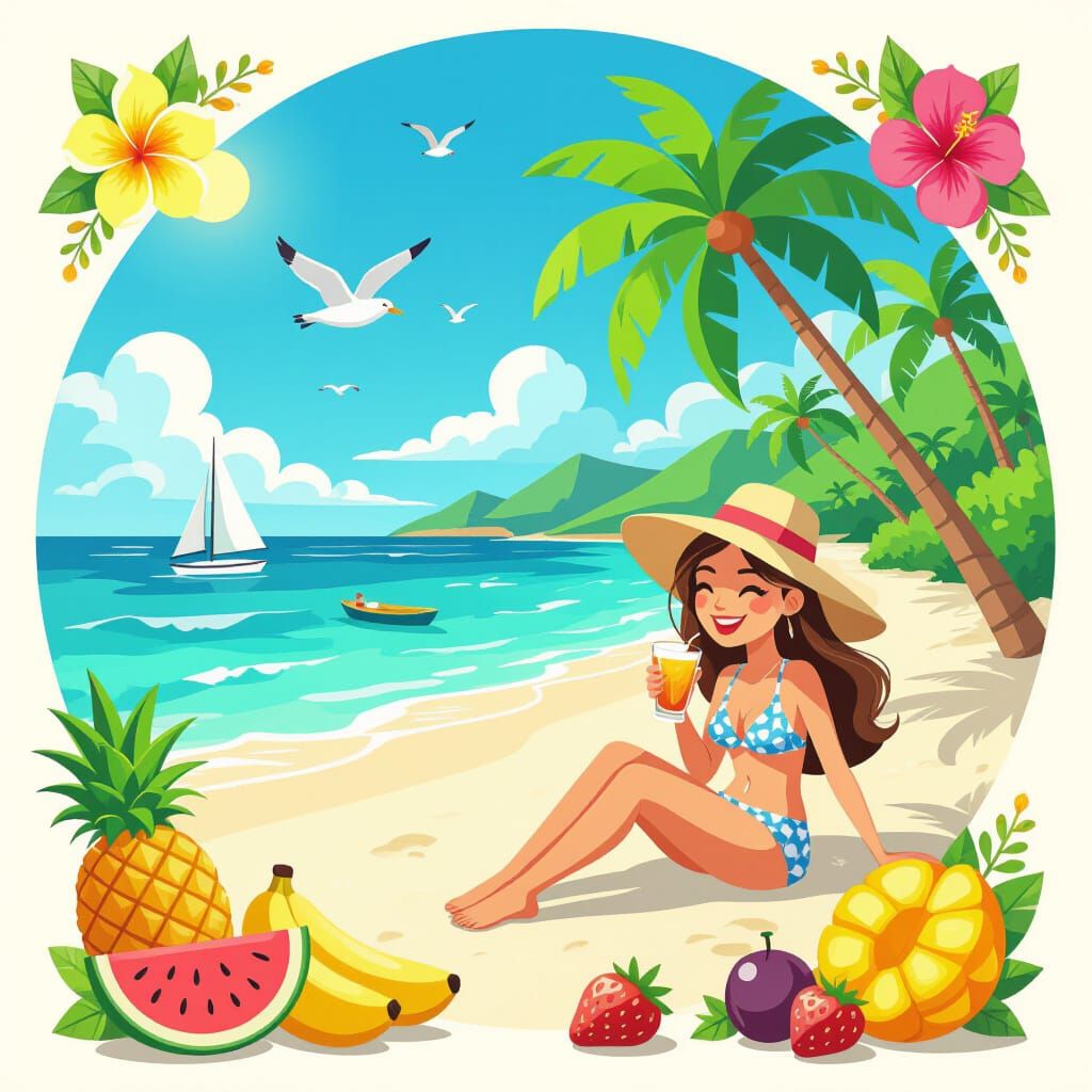 Vibrant Tropical Fruits and Butterfly on Island