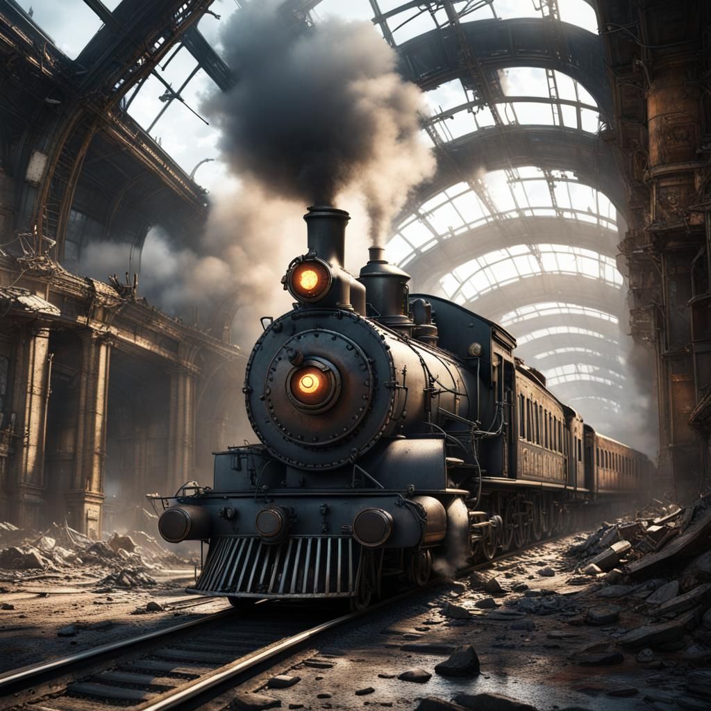 Heavily Armored post apocalyptic steam train at  station ins...