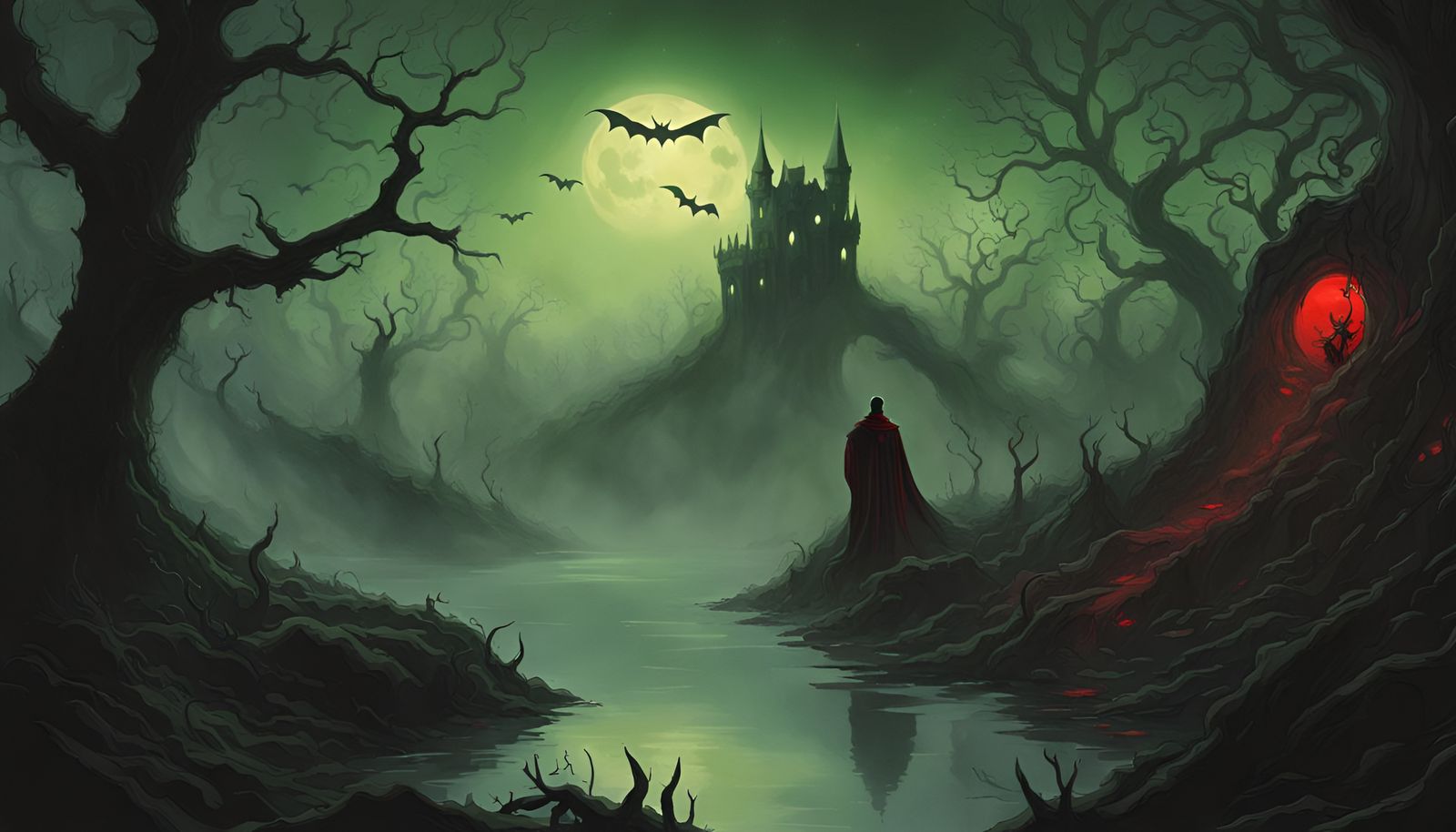 A Vampire with red Eyes stands above a cave in a green and d...