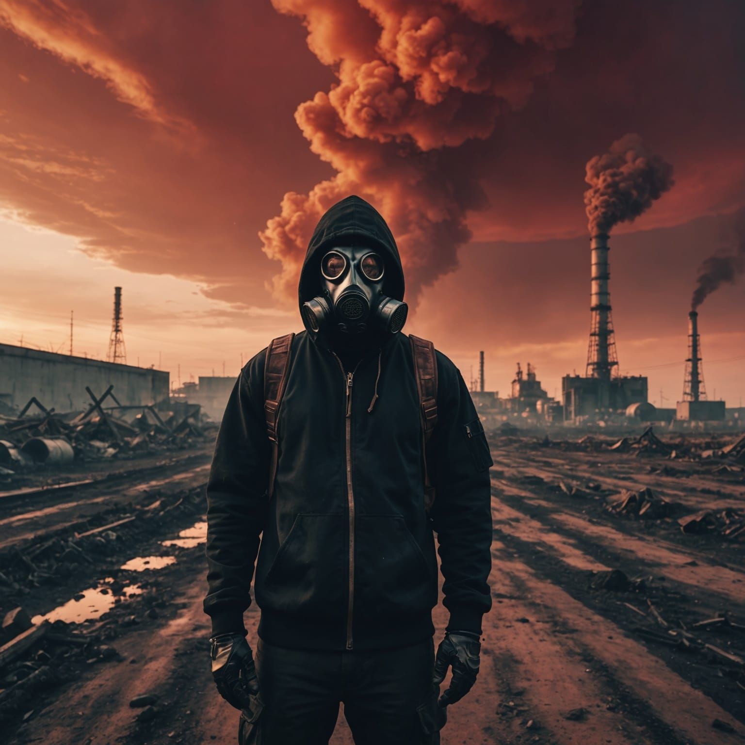 Medium shot of a male with a gas mask on, wearing a hoodie on, standing in a toxic landscape caused by a nuclear fallout, red sky, cinematic...