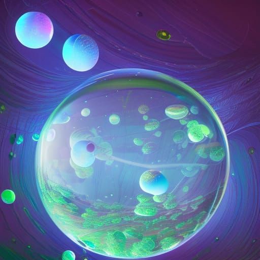 Glass orbes with tiny worlds inside of them, hanging from an...
