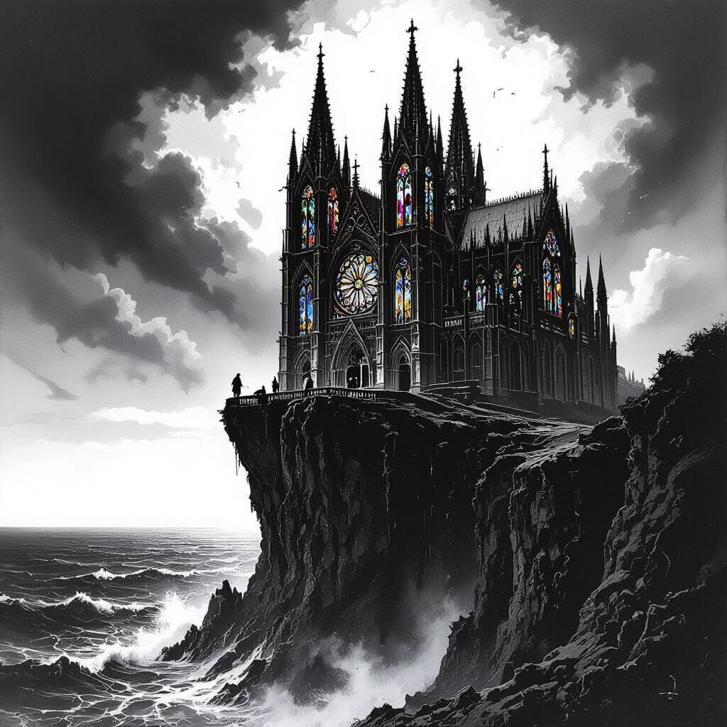 Waves crashing against the cliff. The camera  pushes in and starts to do a f lyaround of the castle. Droneshot