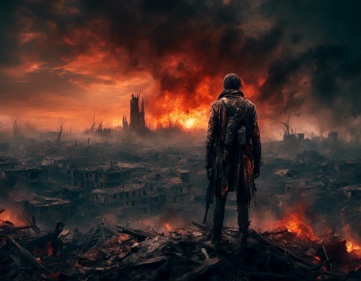 <lora:Macabre:1.0> A soldier from the future, dirty and wounded, stands facing the camera on a hill overlooking a ruined town with a fiery s...