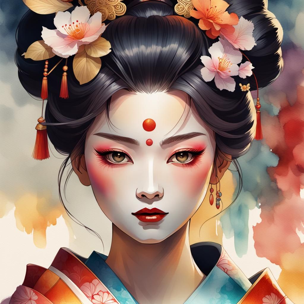 Geisha Portrait in Stylized Watercolor Art