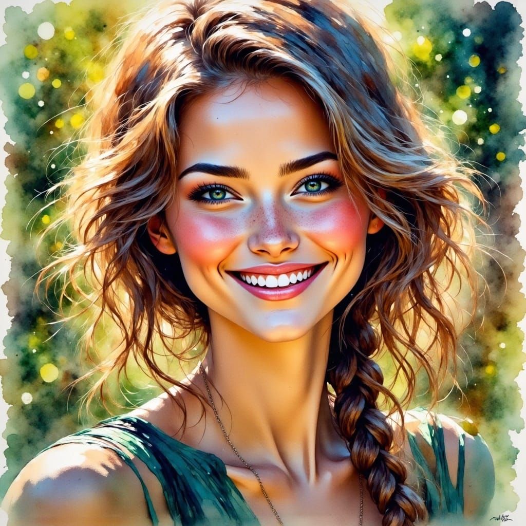 <lora:Smile:1.0> watercolor paining, oil painting, close up brunette smile woman,  in the garden  