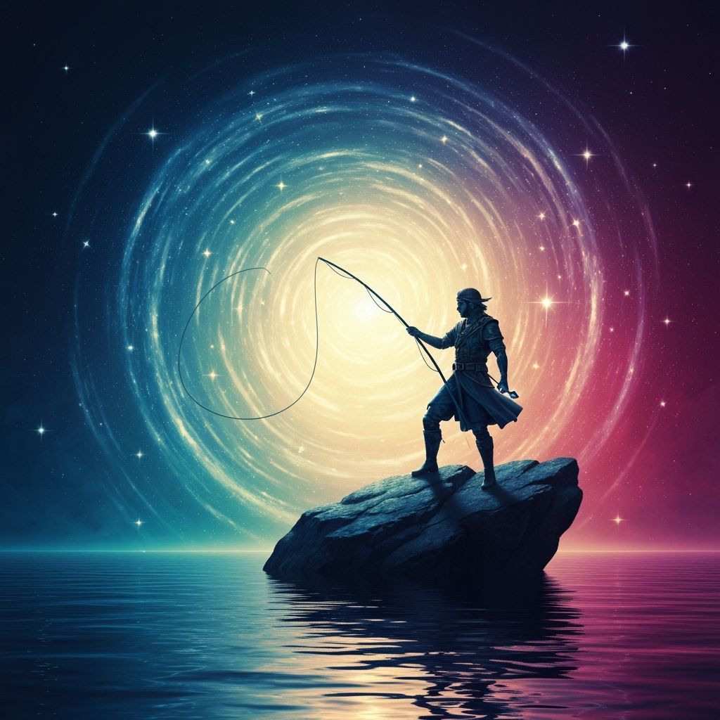 A celestial fisherman standing on a floating rock, casting a glowing thread into a swirling sea of stars, cosmic light, ethereal fantasy moo...