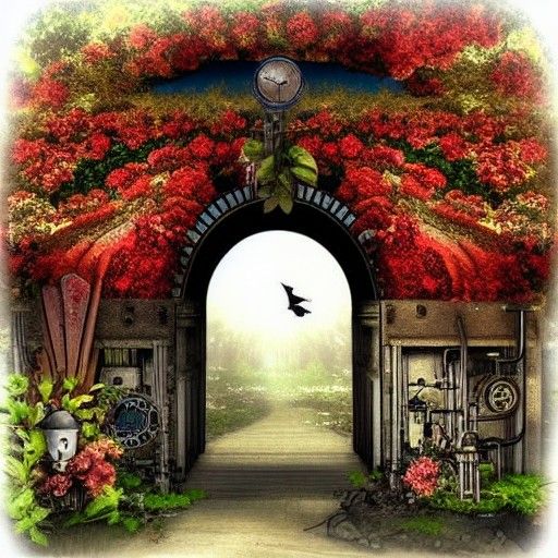 The entrance to Hell with blooming flowers and birds.