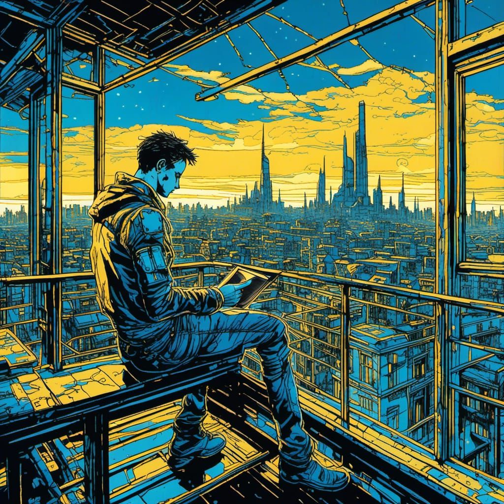 <lora:Linograal:0.3> <lora:CyberGraal:0.4> 
(Linocut:0.4)
A cyborg man in a t-shirt and jeans reads from a bright tablet while sitting on a...