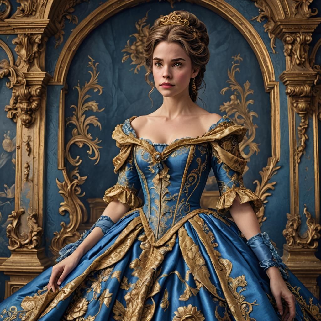 Belle from Beauty and the Beast in a blue and gold Rococo-style gown ...