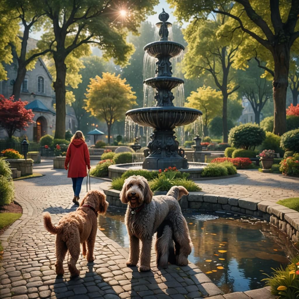 A cute labradodle dog walking on a cobblestone path with its...