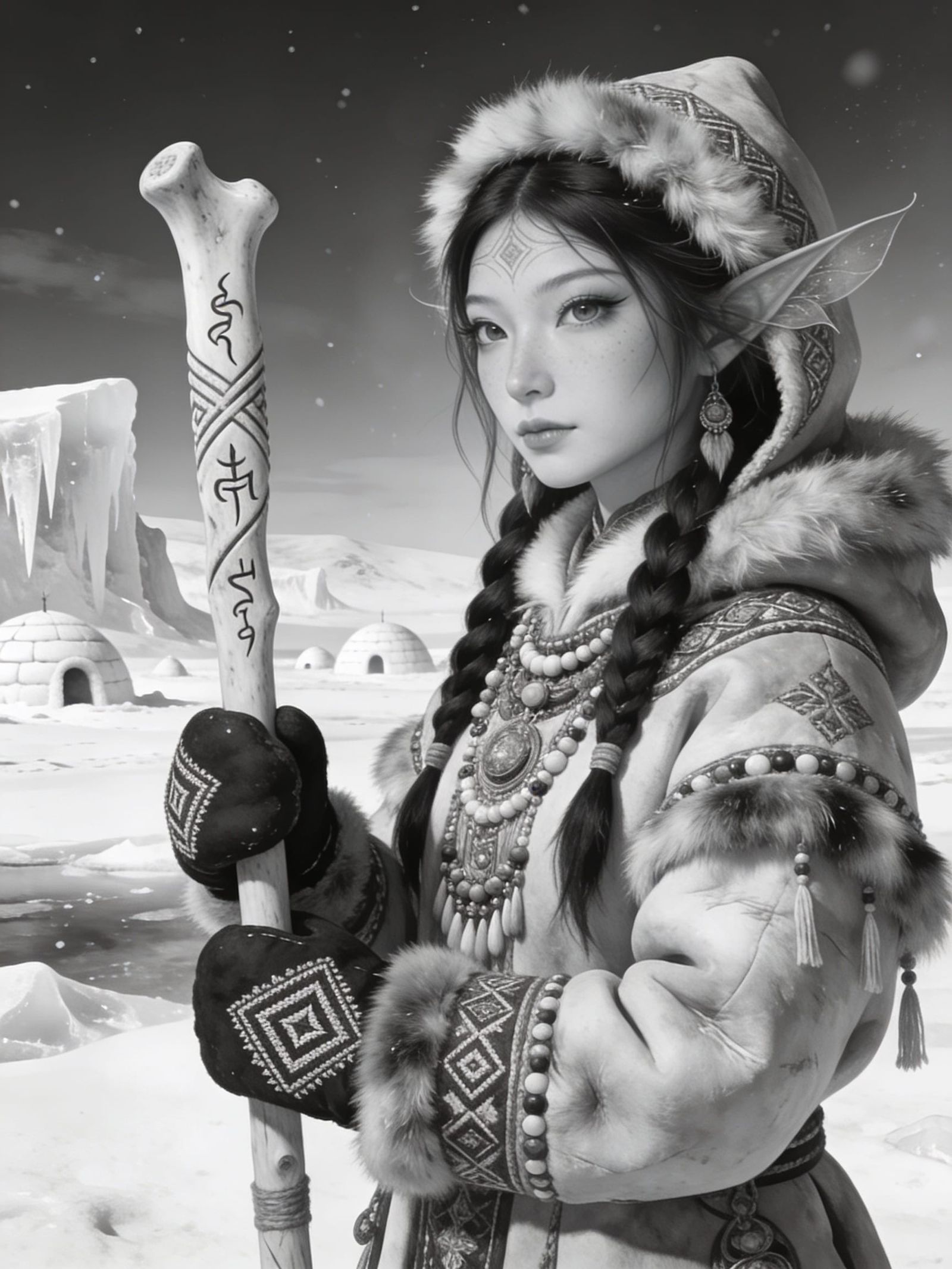 Inuit Fairy in Hyperrealistic Black and White Style