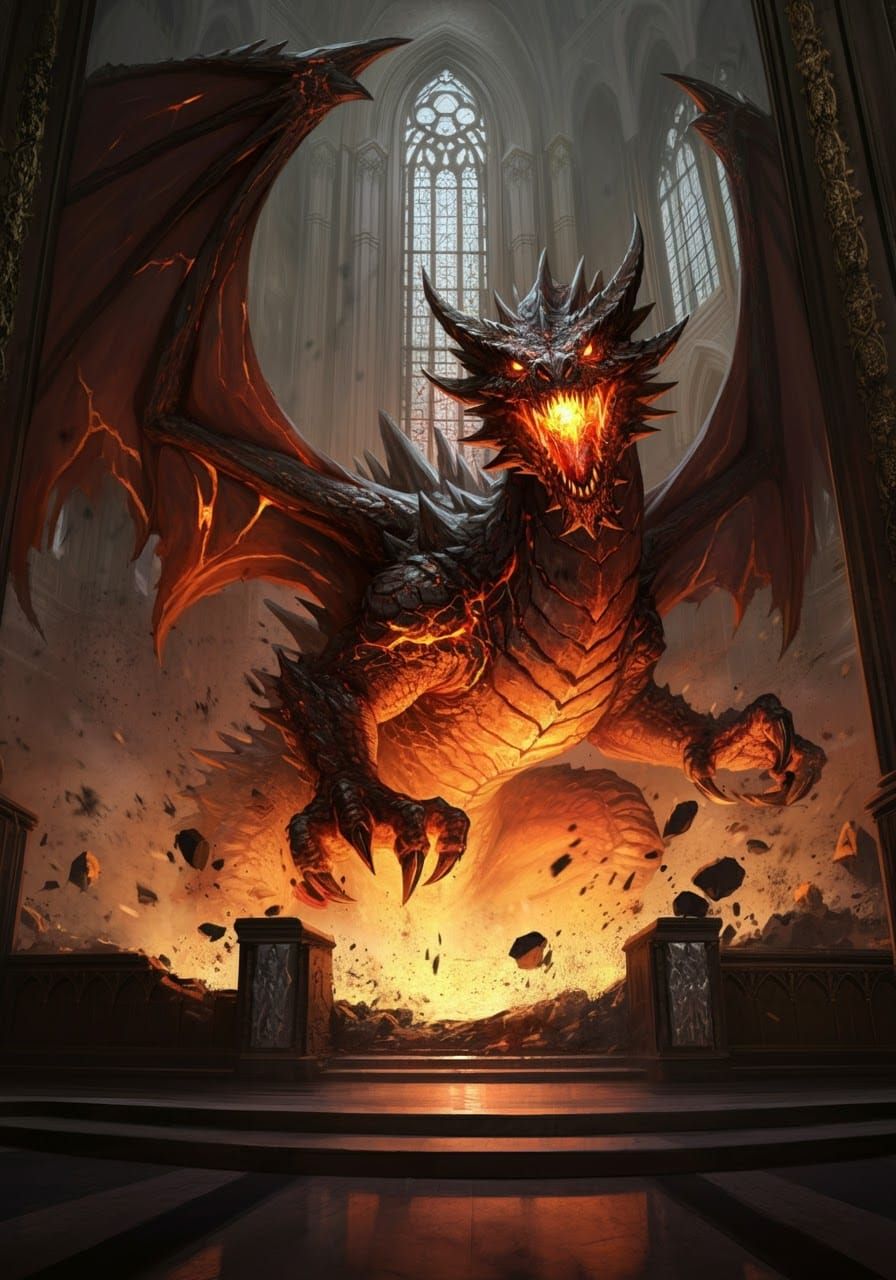 As the massive beast broke through the floor of the chamber, its fiery eyes scanned the room for its ...  by @DarkJackal