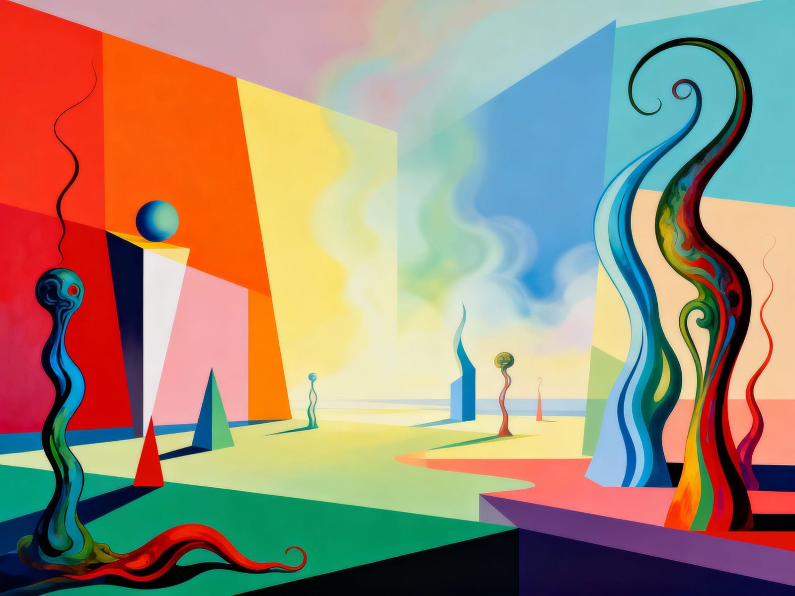 Surreal Dreamscape of Abstract Forms and Contrasting Colors
