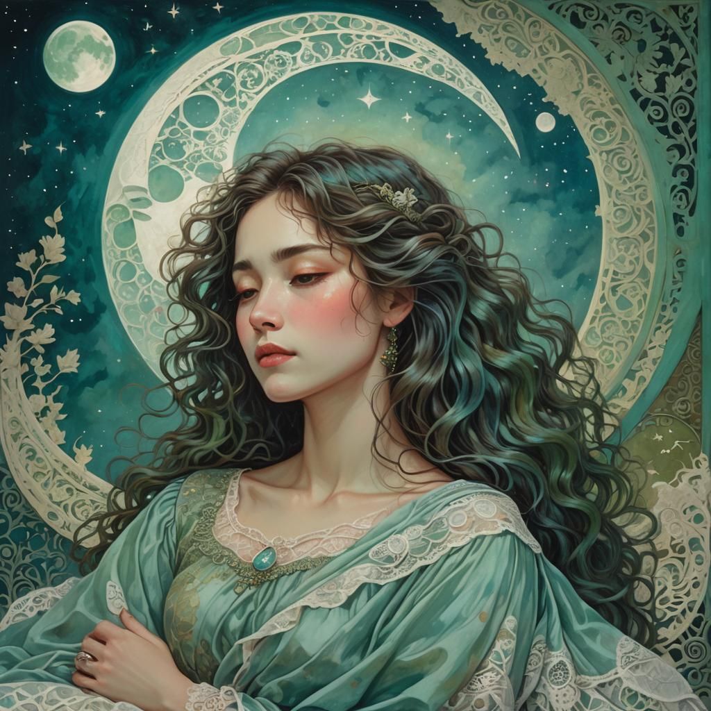 A woman with wavy hair, seemingly in a state of rest or drea...