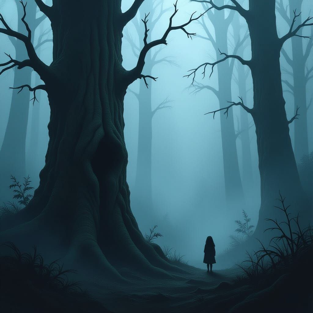 make a pic of a forest with lots of fog and make a little person that your barley able to se peeking ...  by @GONZO0000001