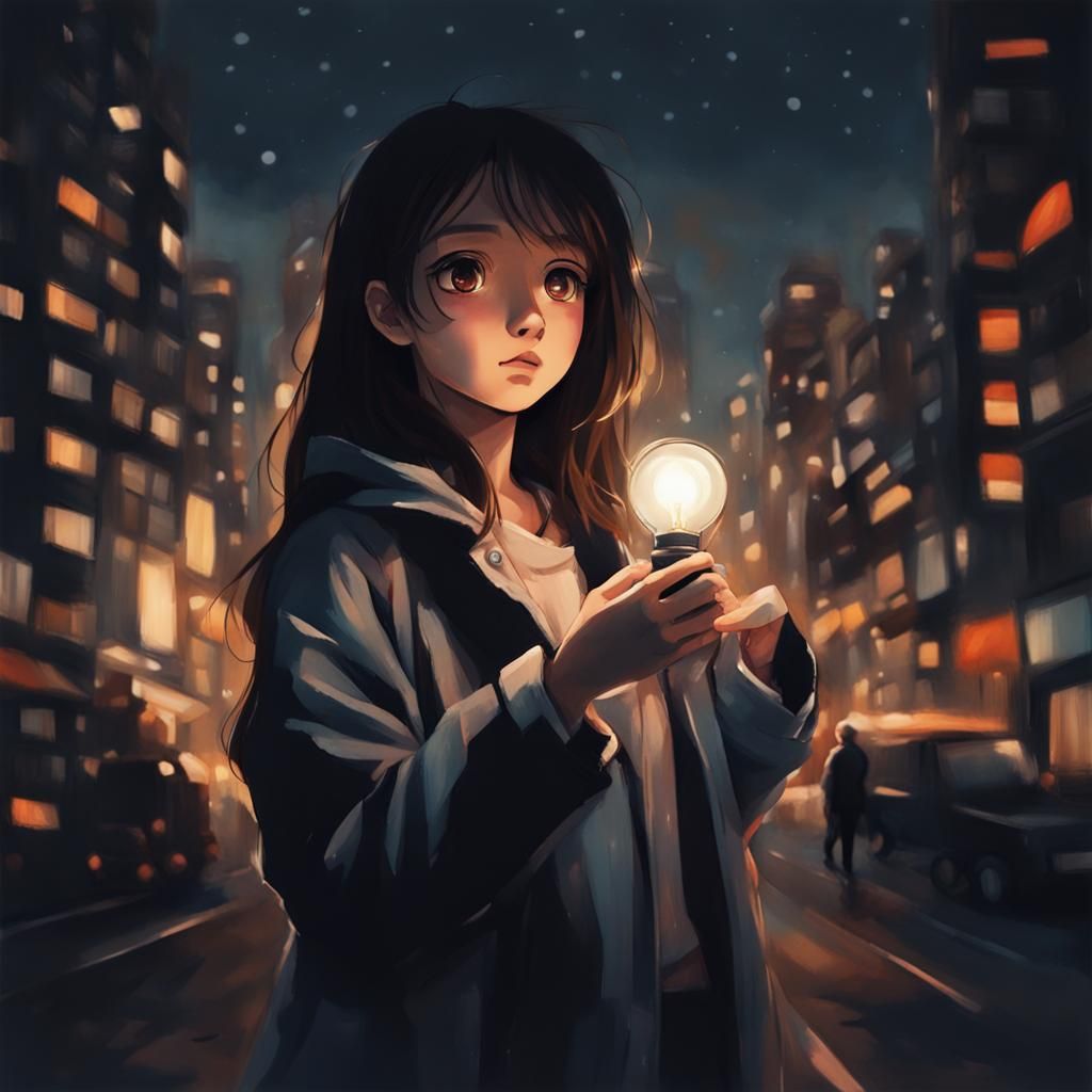 A girl holding light in her hand with a nighttime city around her standing  on the street, anime style looking at the light - AI Generated Artwork -  NightCafe Creator