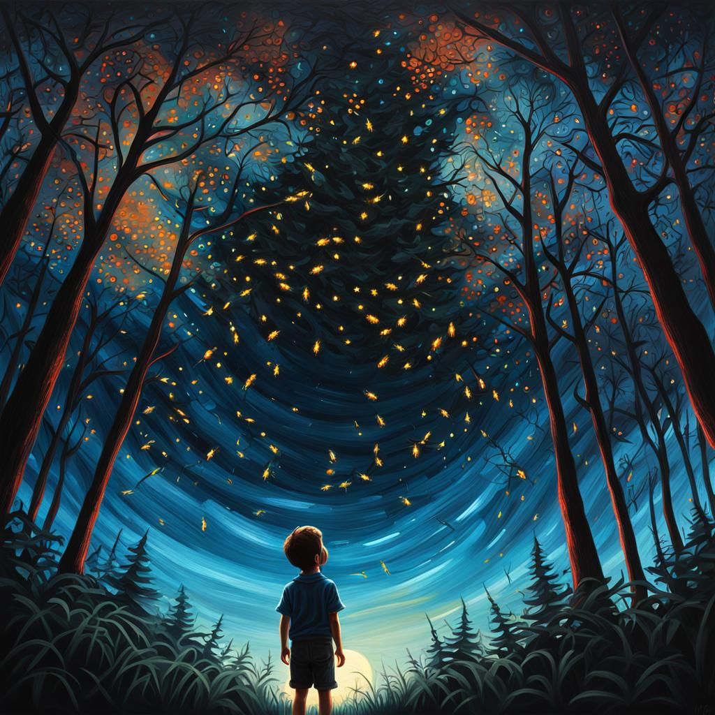 Night scene.  wide shot.  little boy on a dark night.