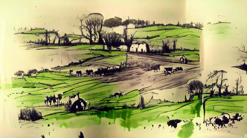 ink sketch; the Irish countryside