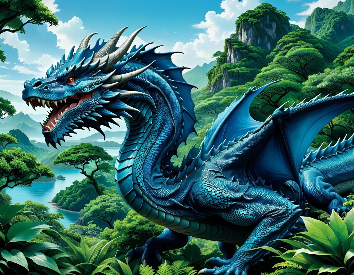 A highly detailed picture of a massive blue dragon, set agai...